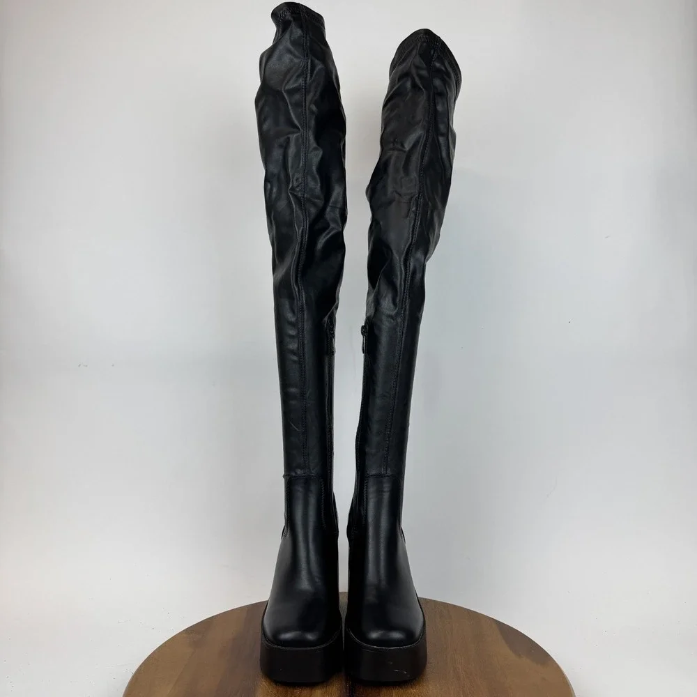 New Womens Azalea‎ Wang Adrianne Black Faux Leather Over The Knee Boots Size 7 M